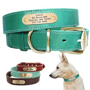 Genuine Leather Personalized ID Dog Collars Free Engrave Nameplate