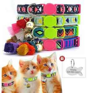 Ethnic Cloth Tassel Breakaway Cat Collar with Personalized ID Tags for Kitty Puppy