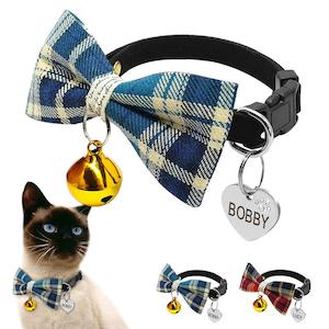 Classic Plaid Bow Tie Collar with Personalized ID Tags for Kitty Puppy Small Cat Dog