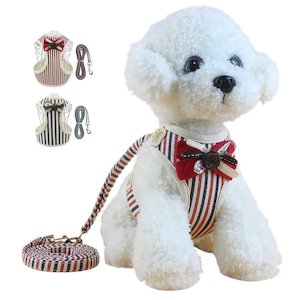 Breathable Soft Dog Cat Striped Bowite Harness and Leash