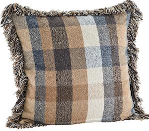 * SPECIAL 30% OFF Checked cushion cover w/ fringes, Camel, brown, blue, white