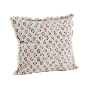 Printed cushion cover w/ fringes, Off white/fuchsia