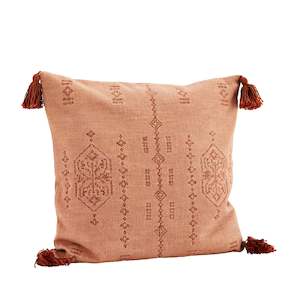 * SPECIAL 20% OFF Embroidered cushion cover w/tassels, coral/brick 50x50cm