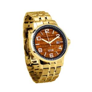 Hawaiian Koa Wood Watch Stainless Steel Band Yellow Gold - Men's