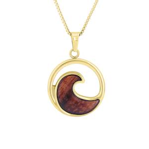 Hawaiian Koa Wood Wave Necklace - Yellow Gold