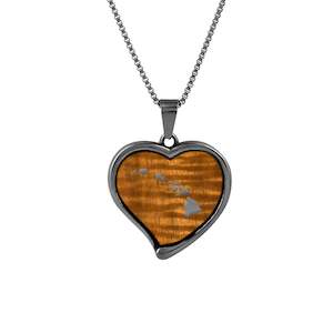 Hawaiian Koa Wood Heart Necklace - Gunmetal