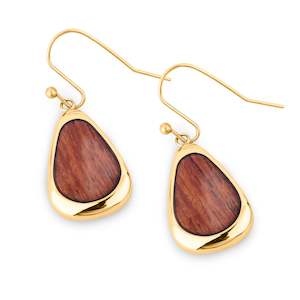 Hawaiian Koa Wood Drop Earrings - Yellow Gold