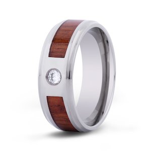 Komo Koa Wood Rings: Hawaiian Koa Wood Stone w/ Diamond Titanium Ring - Men's