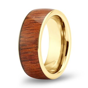 Hawaiian Koa Wood Wide Tungsten Ring - Yellow Gold