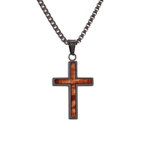 Komo Koa Wood Jewelry: Hawaiian Koa Wood Cross Necklace - Gunmetal