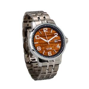 Komo Koa Wood Watches: Hawaiian Koa Wood Watch Stainless Steel Band Black Bezel – Men’s