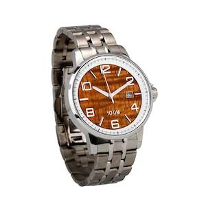 Hawaiian Koa Wood Watch Stainless Steel Band White Bezel – Men’s