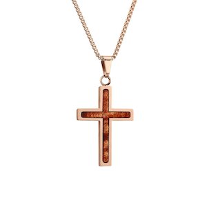 Hawaiian Koa Wood Cross Necklace - Rose Gold