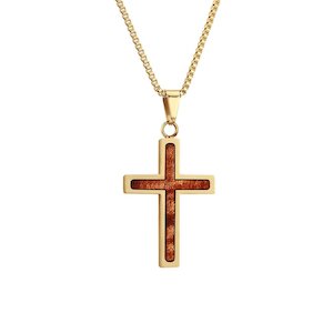 Hawaiian Koa Wood Cross Necklace - Yellow Gold