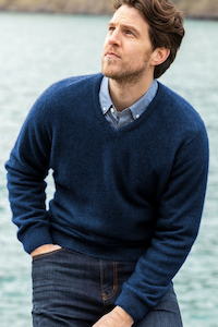 Clothing: Noble Wilde - Oxford V Sweater in Merino Wool & Possum Fur in Maritime