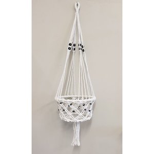 Macrame Pot Plant Hange Single 22cm-White with Black Bead