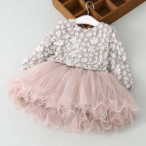 Infant clothing: 3D Floral Mesh Splicing Pink Long sleeve Baby Princess Party Dress