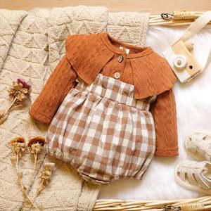 Long-sleeve Splicing Plaid Print Baby Romper 100% Cotton Knitted