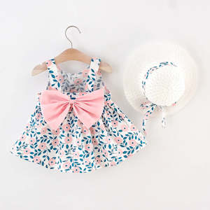 2pcs Floral Print Bowknot Dress & Hat