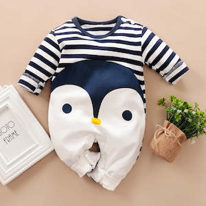 Infant clothing: Penguin Print Stripes Long-sleeve Jumpsuit for Baby