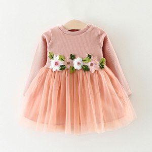 Infant clothing: Long-sleeve Tutu Dress with Flower Decor For Baby and Toddler Girls