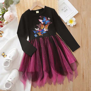 Girls Butterfly Print Mesh Splice Long-sleeve Dress