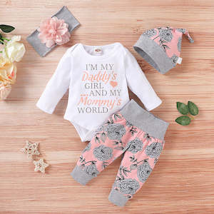 Baby Girl Long-sleeve Bodysuit and Pants with Hat 3-piece Set