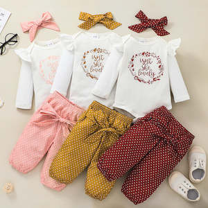 Baby Girl Ruffled Bodysuit and Polka Dots Pants with Headband 3-piece Set