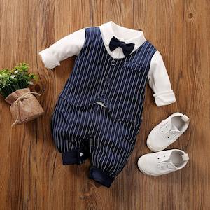 Baby Boy  Gentleman Bow tie Striped Jumpsuit 100% Cotton