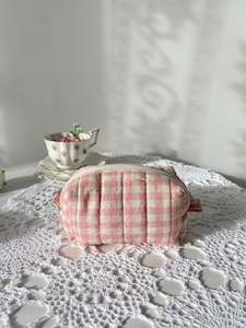 Clothing: Quilted Pink gingham Makeup Pouch (small)