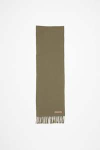 Skinny Fringe Wool Scarf In Khaki Green