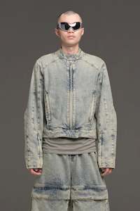 Mens Coats Jackets: MOTO DENIM JACKET IN SURFACE WAVE, DROP 6