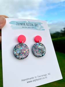 Fluro Pink and Dark Grey Glitter Dangles