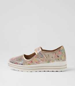 Shoe: Vallins Xf Vibrant Print Champagne Leather Flat Shoes by Ziera at Ziera NZ