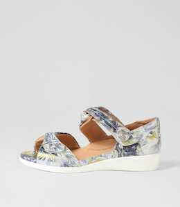 Doxie W Navy Silver Floral Leather Sandals by Ziera at Ziera NZ