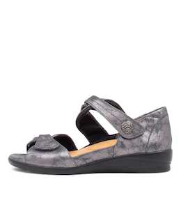 Doxie W Pewter Satin Metal Leather Sandals by Ziera at Ziera NZ