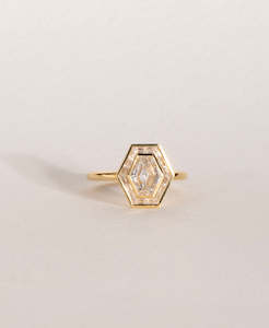 Frida Halo Engagement Ring - 18k Yellow Gold, Elongated Hexagonal Step Cut Lab G…