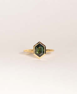 Frida Engagement Ring - 18k Yellow Gold, Elongated Hexagonal Cut Green Sapphire 1.62 carat