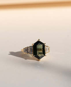 Fides Engagement Ring - 18k Yellow Gold, Elongated Hexagonal Cut Green Sapphire 4.13 carat