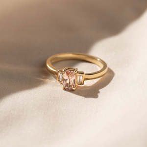 Peach Emerald Cut Sapphire with Diamonds in 18ct Yellow Gold