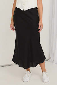 RE:UNION Bliss Black Linen Bias Midi Skirt