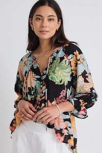 Among the Brave Antic Tropical Black Button Front Blouse